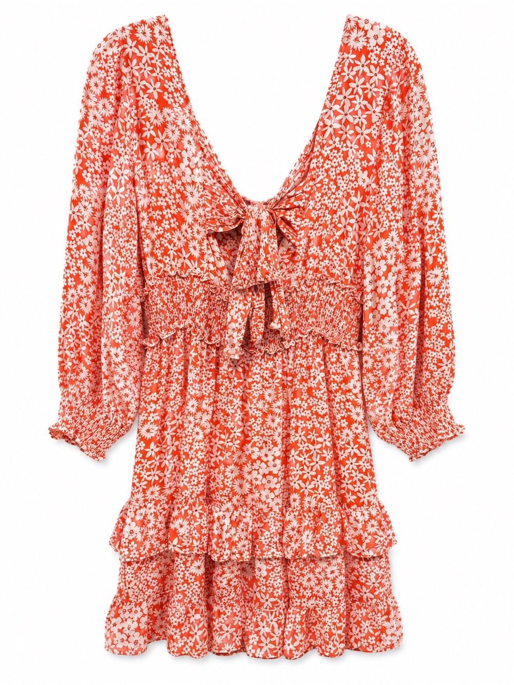 ANGIE Floral Boho Mini Dress Women’s Large Orange White Smocked Long Sleeve - Picture 4 of 6